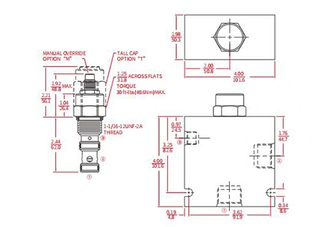 IEP12-S35 pilot mantık elemanı valfinin performans/boyut/kesit çizimi